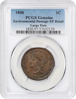 image for: 1840 1c PCGS XF Details (Large Date, Environmental Damage)