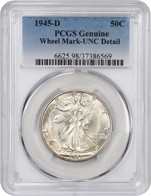 image for: 1945-D 50c PCGS UNC Details (Wheel Mark)