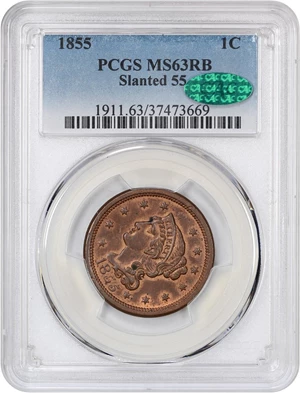 image for: 1855 1c PCGS/CAC MS63 RB (Slanted 55)