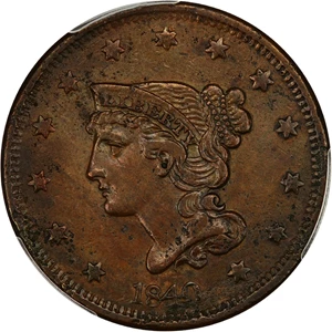 image for: 1840 1c PCGS XF Details (Large Date, Environmental Damage)