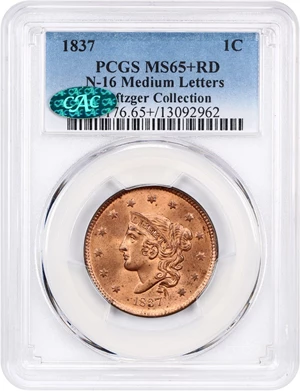 image for: 1837 1c PCGS/CAC MS65+ RD (N-16, Medium Letters) ex: Naftzger Collection