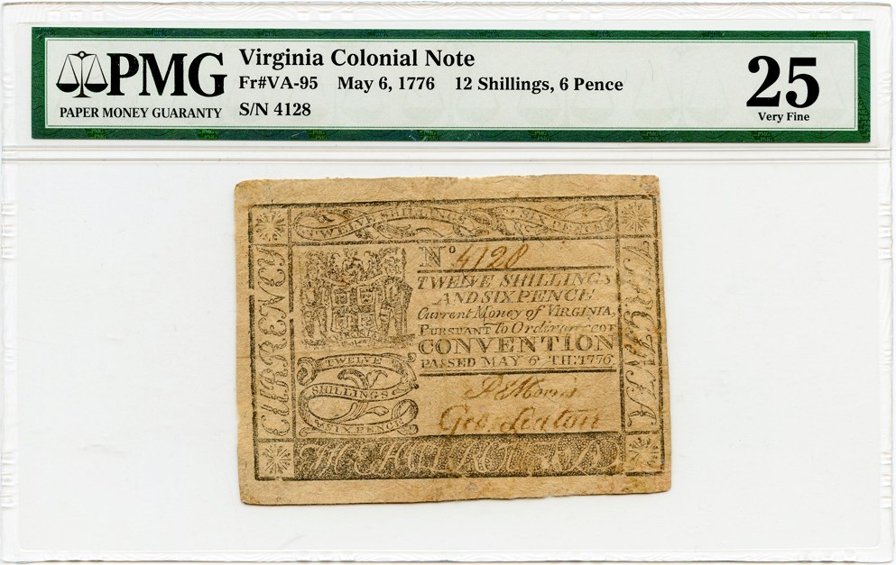 image for: Virginia FR. VA95 12s/6d May 6, 1776 PMG Very Fine 25 (Repaired)