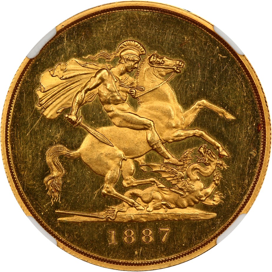 image for: Great Britain: 1887 Gold 5 Sov NGC MS62 PL (KM-769, S-3864)