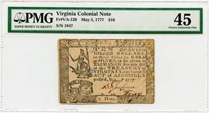 image for: Virginia FR. VA120 $10 May 5, 1777 PMG Extremely Fine 45 (Minor Stains)