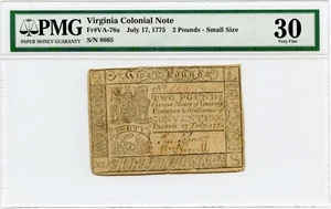image for: Virginia FR. VA78a 2 Pounds July 17, 1775 PMG Very Fine 30