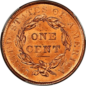 image for: 1837 1c PCGS/CAC MS65+ RD (N-16, Medium Letters) ex: Naftzger Collection
