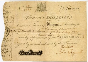 image for: Virginia FR. VA77b 20s July 17, 1775 PMG Very Fine 20 (Thinning)