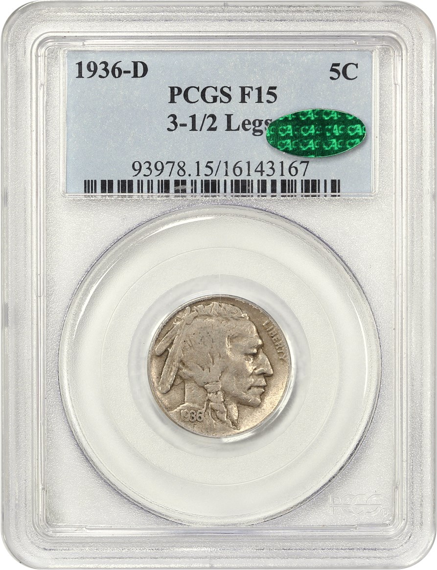 image for: 1936-D 5c PCGS/CAC F15 (3 1/2 Legs)