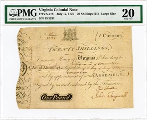 image for: Virginia FR. VA77b 20s July 17, 1775 PMG Very Fine 20 (Thinning)
