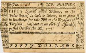 image for: Virginia FR. VA162 $50 October 5, 1778 PMG Very Fine 20 (Tape Repairs, Pinholes)