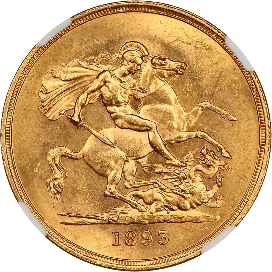 image for: Great Britain: 1893 Gold 5 Sov NGC MS62 (KM-787, S-3872)