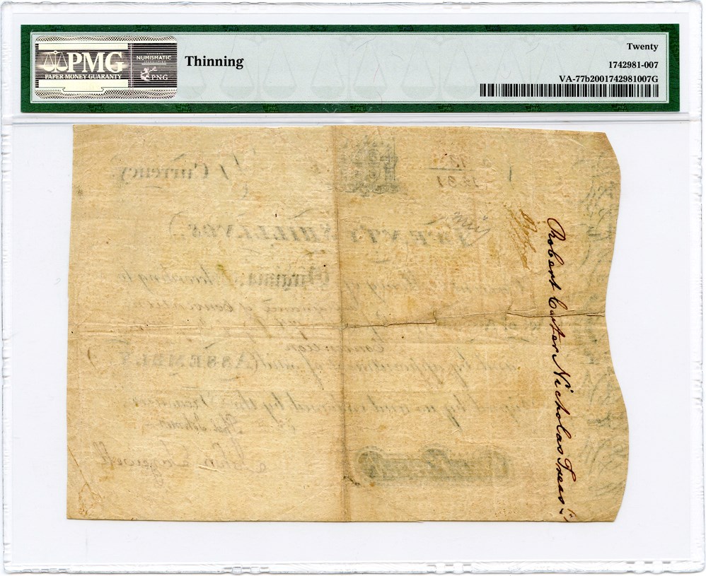 image for: Virginia FR. VA77b 20s July 17, 1775 PMG Very Fine 20 (Thinning)