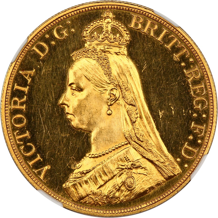 image for: Great Britain: 1887 Gold 5 Sov NGC MS62 PL (KM-769, S-3864)