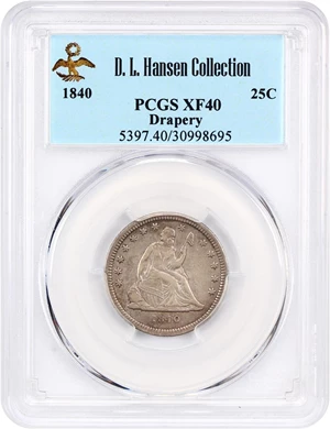 image for: 1840 25c PCGS XF40 (Drapery) ex: D.L. Hansen