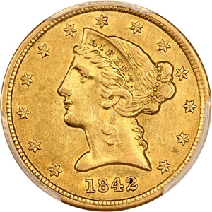 image for: 1842 $5 PCGS AU50 (Small Letters) ex: D.L. Hansen