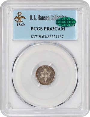 image for: 1869 3cS PCGS/CAC Proof 63 CAM ex: D.L. Hansen