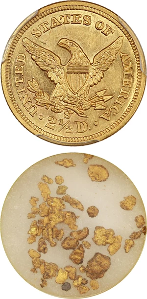 image for: S.S. Central America: 1857-S $2 1/2 PCGS MS61 & Pinch of Gold (Box & COA)