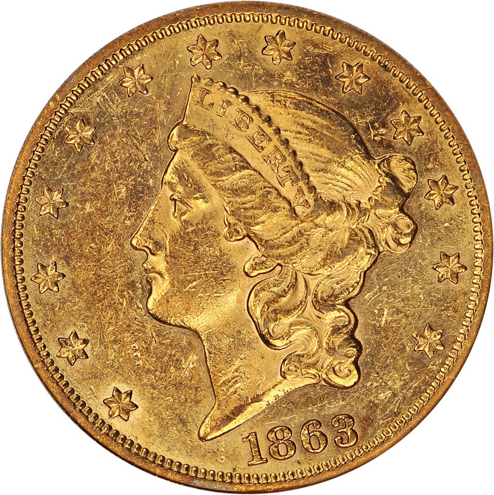 image for: 1863 $20 PCGS AU50 (OGH)