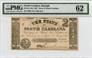 image for: North Carolina, Raleigh $2 Oct 6th, 1861 PMG Unc 62 (NCCR22, Spindle Hole, Minor Ink Burn)