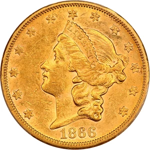 image for: 1866-S $20 PCGS AU55 (No Motto) ex: D.L. Hansen/AWA