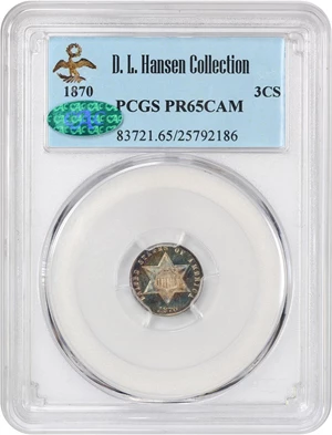 image for: 1870 3cS PCGS/CAC Proof 65 CAM ex: D.L. Hansen