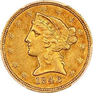 image for: 1846 $5 PCGS/CAC AU53 (Small Date)