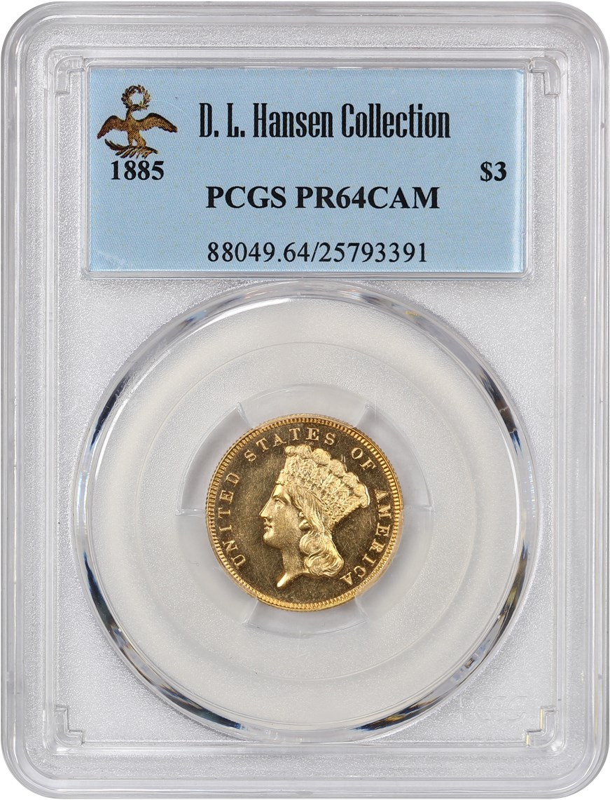 image for: 1885 $3 PCGS Proof 64 CAM ex: D.L. Hansen