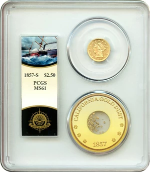 image for: S.S. Central America: 1857-S $2 1/2 PCGS MS61 & Pinch of Gold (Box & COA)