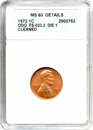 image for: 1972 1c Doubled Die ANACS MS60 BN Details (Cleaned)