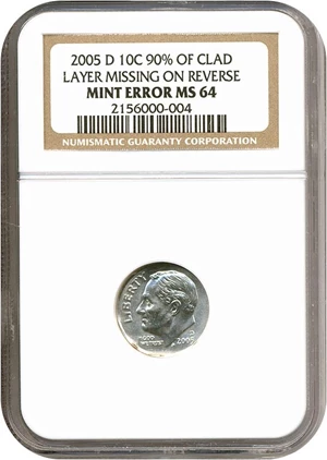 image for: 2005-D 10c NGC MS64 - 90% of the Clad Layer is Missing on the Reverese.