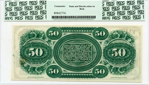 image for: SCCR8 1872 $50 Columbia, SC Revenue Bond Scrip PCGS New 62 (Stain & Discoloration on Back)