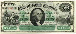 image for: SCCR8 1872 $50 Columbia, SC Revenue Bond Scrip PCGS New 62 (Stain & Discoloration on Back)