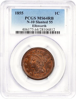 image for: 1855 1c PCGS MS64 RB (N-10, Slanted 55)