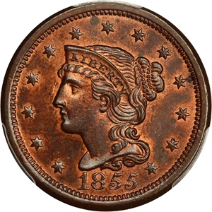 image for: 1855 1c PCGS MS64 RB (N-10, Slanted 55)