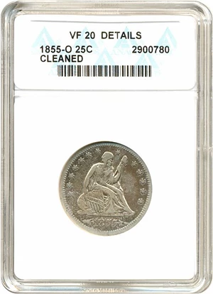 image for: 1855-O 25c Arrows ANACS VF20 Details (Cleaned)
