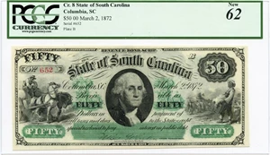 image for: SCCR8 1872 $50 Columbia, SC Revenue Bond Scrip PCGS New 62 (Stain & Discoloration on Back)