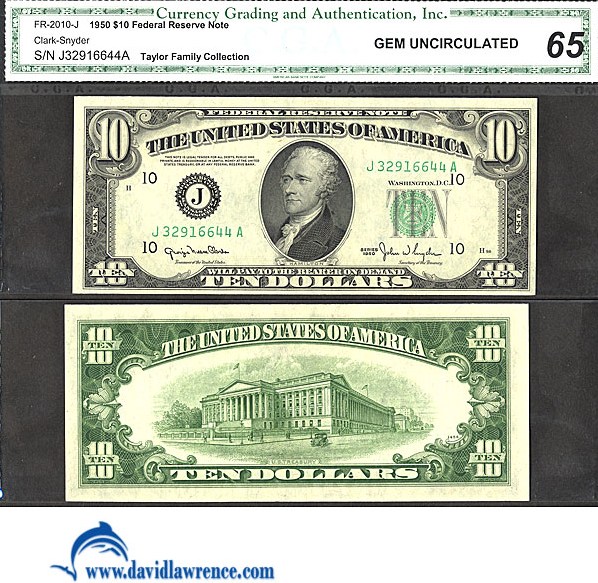 image for: Fr.2010J 1950 $10 Dark Green Seal CGA Gem CU65  [J32916644A]