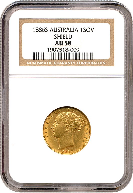 image for: Australia: 1886-S Sov Shield NGC AU58 