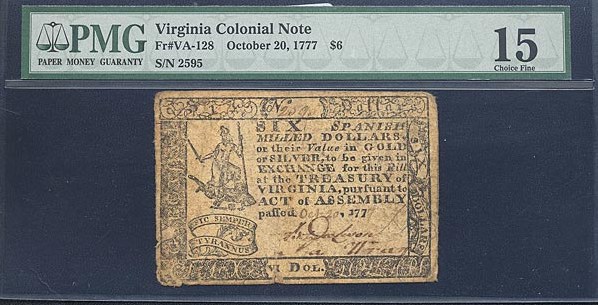 image for: Virginia: Fr.VA128 October 20, 1777 $6  PMG F15  [2595]