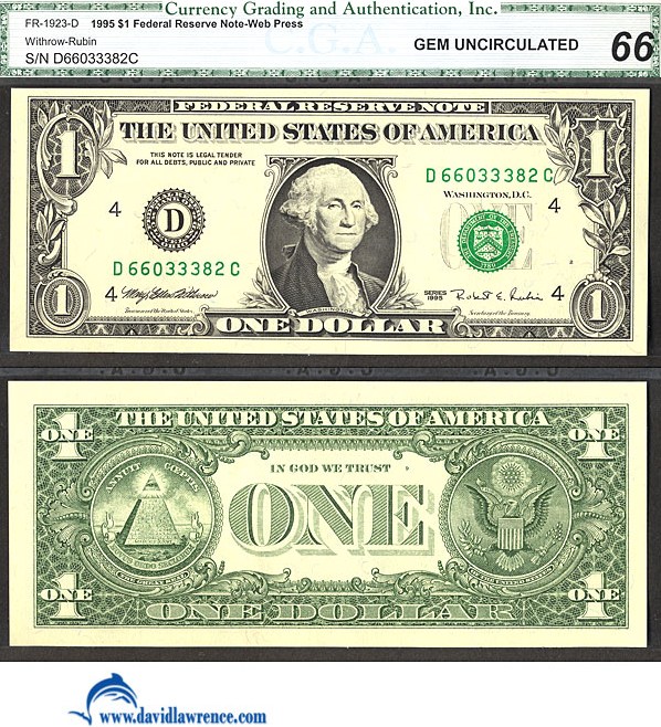 image for: Fr.1923D 1995 $1 Web press. Washington, DC CGA Gem CU66  [D66033382C]