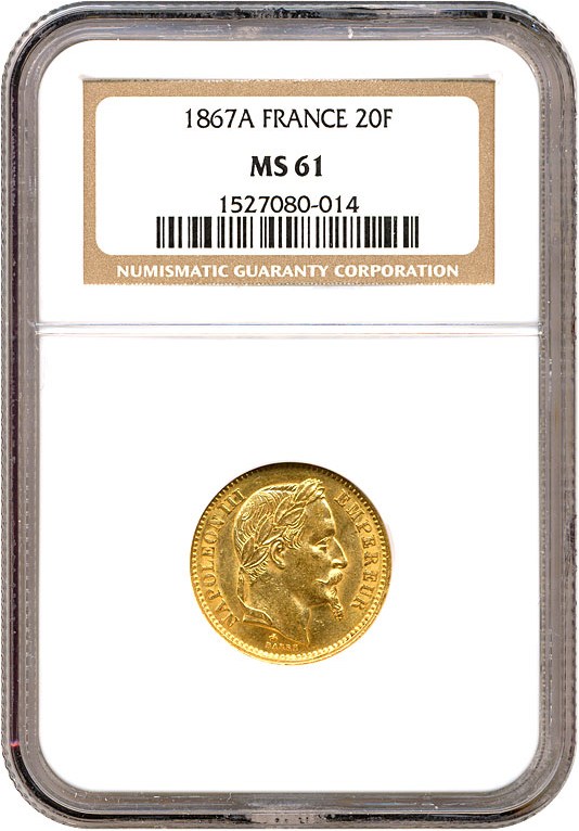 image for: France: 1867-A 20 Fr  NGC MS61   