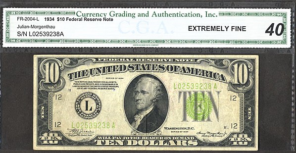image for: Fr.2004L 1934 $10 Light Green Seal CGA XF40  [L02539238A]