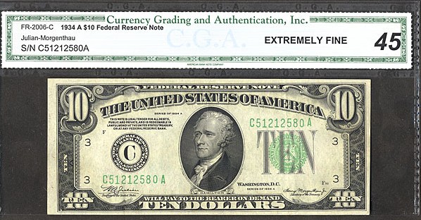 image for: Fr.2006C 1934A $10 Dark Green Seal CGA XF45  [C5122580A]