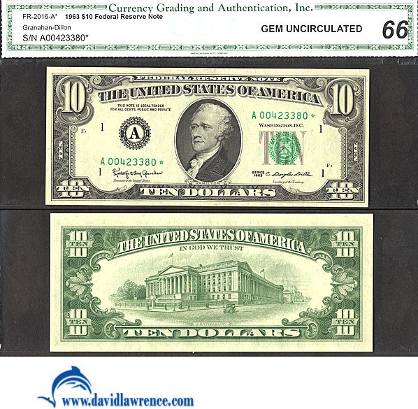 image for: Fr.2016A* 1963 $10 Dark Green Seal CGA Gem CU66  [A00423380] *Star* 