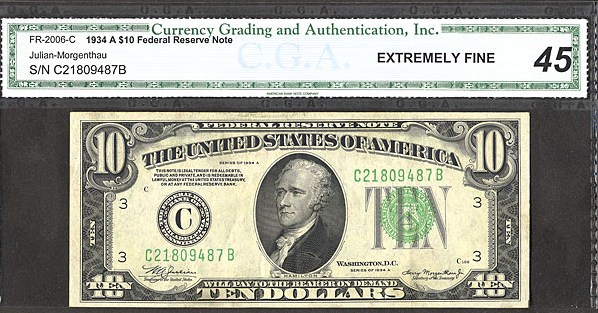 image for: Fr.2006C 1934A $10 Dark Green Seal CGA XF45  [C21803487B]