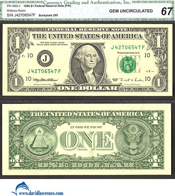 image for: Fr.1922J 1995 $1 Sheetfed press. Fort Worth, TX CGA Gem CU67  [J42706547F]