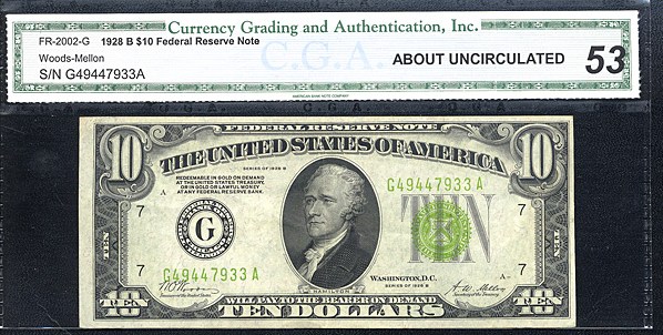 image for: Fr.2002G 1928B $10  CGA AU53  [G49447933A]