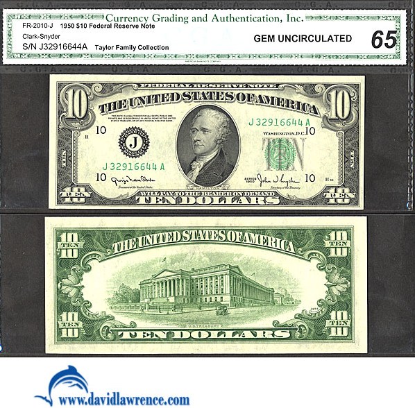 image for: Fr.2010J 1950 $10 Dark Green Seal CGA Gem CU65  [J32916644A]