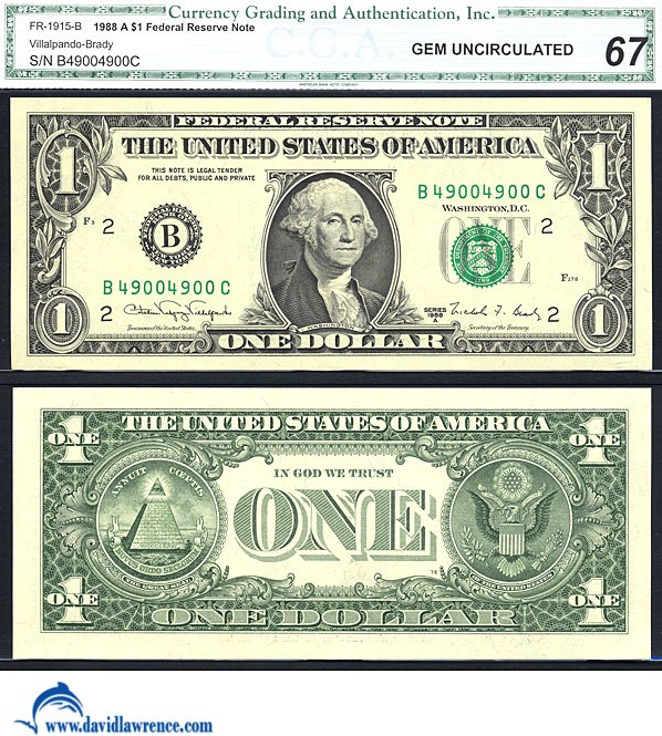 image for: Fr.1915B 1988A $1 Sheetfed press. Washington, DC CGA Gem CU67  [B49004900C] *Fancy Serial* 