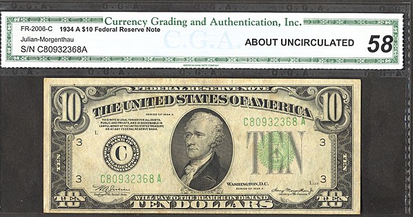 image for: Fr.2006C 1934A $10 Dark Green Seal CGA AU58  [C80932368A]